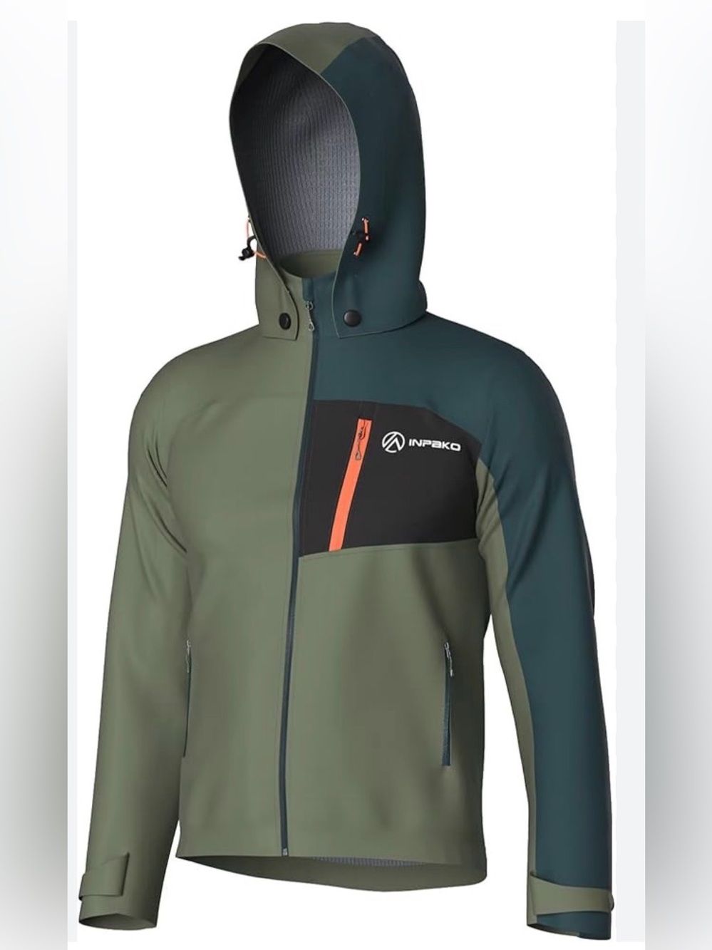 Men’s Olive & Dark Teal Hooded Performance Jacket with Orange Zip